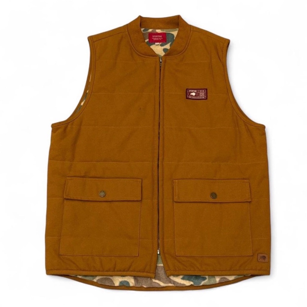 Tan Duck Canvas Sportiqe Utility Vest with Camo Fleece Lining